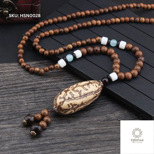 Ethnic Beaded Necklace with Natural Stone Pendant