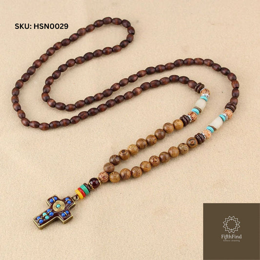 Wooden Bead Necklace with Ethnic Cross Pendant