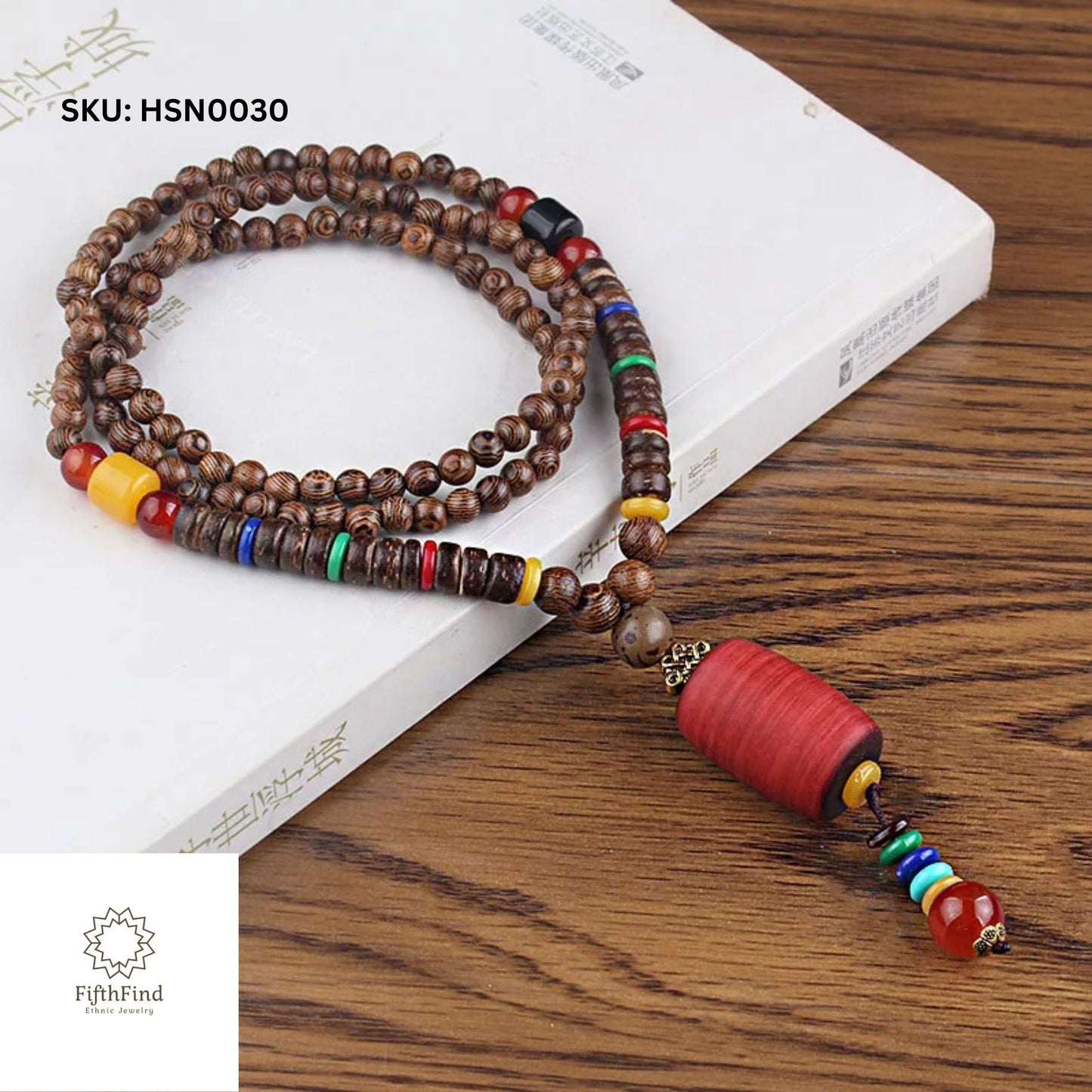 Wood Bead Necklace with Bold Red Barrel Pendant