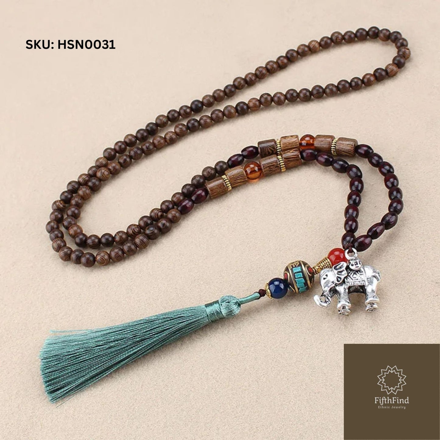 Wood Bead Necklace with Tassel and Elephant Charm