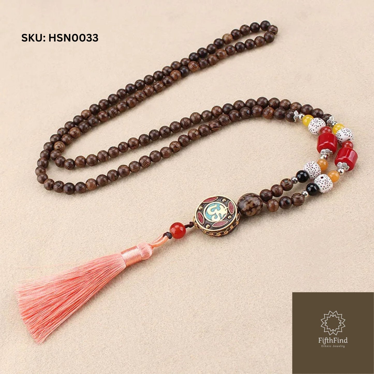 Boho Wood Bead Necklace with Coral Tassel Charm