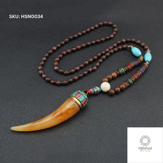 Boho Horn Pendant Necklace with Wood Beads