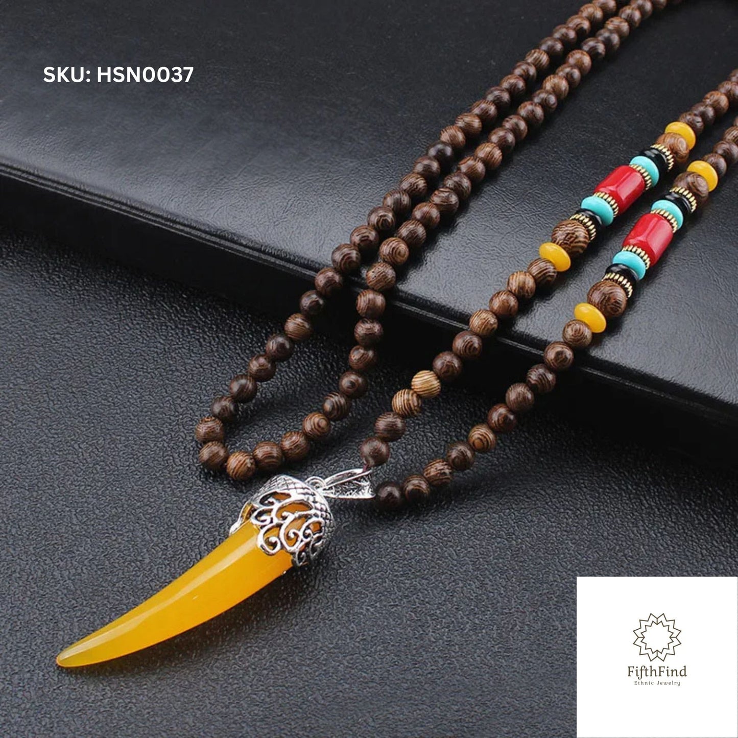 Boho Yellow Pendant Necklace with Wood Beads