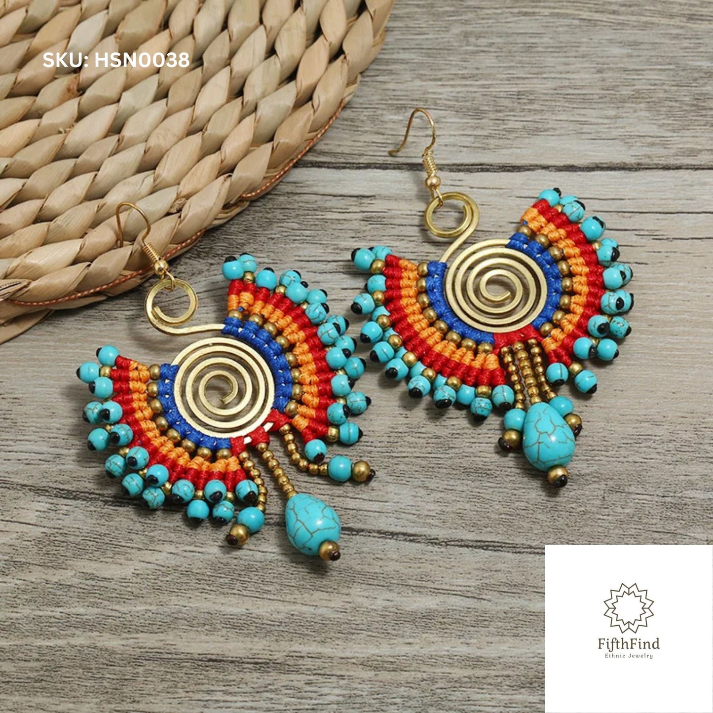 Colorful Boho Spiral Fan Earrings with Turquoise Beads