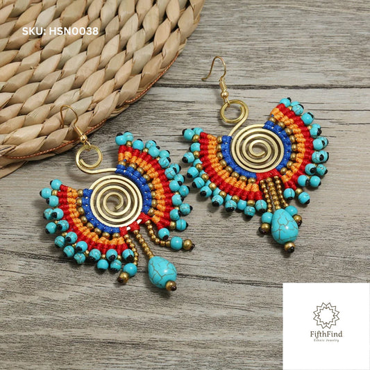 Colorful Boho Spiral Fan Earrings with Turquoise Beads