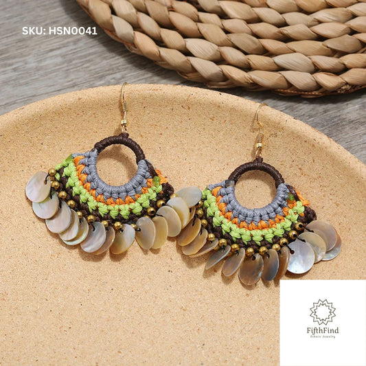 Boho Shell Earrings with Woven Green & Orange Beads