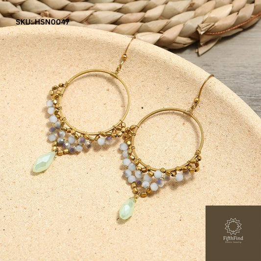 Golden Hoop Earrings with Pastel Beads and Teardrop Charm