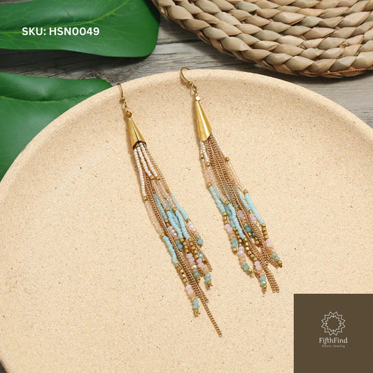 Boho Tassel Earrings with Beads and Gold Chains