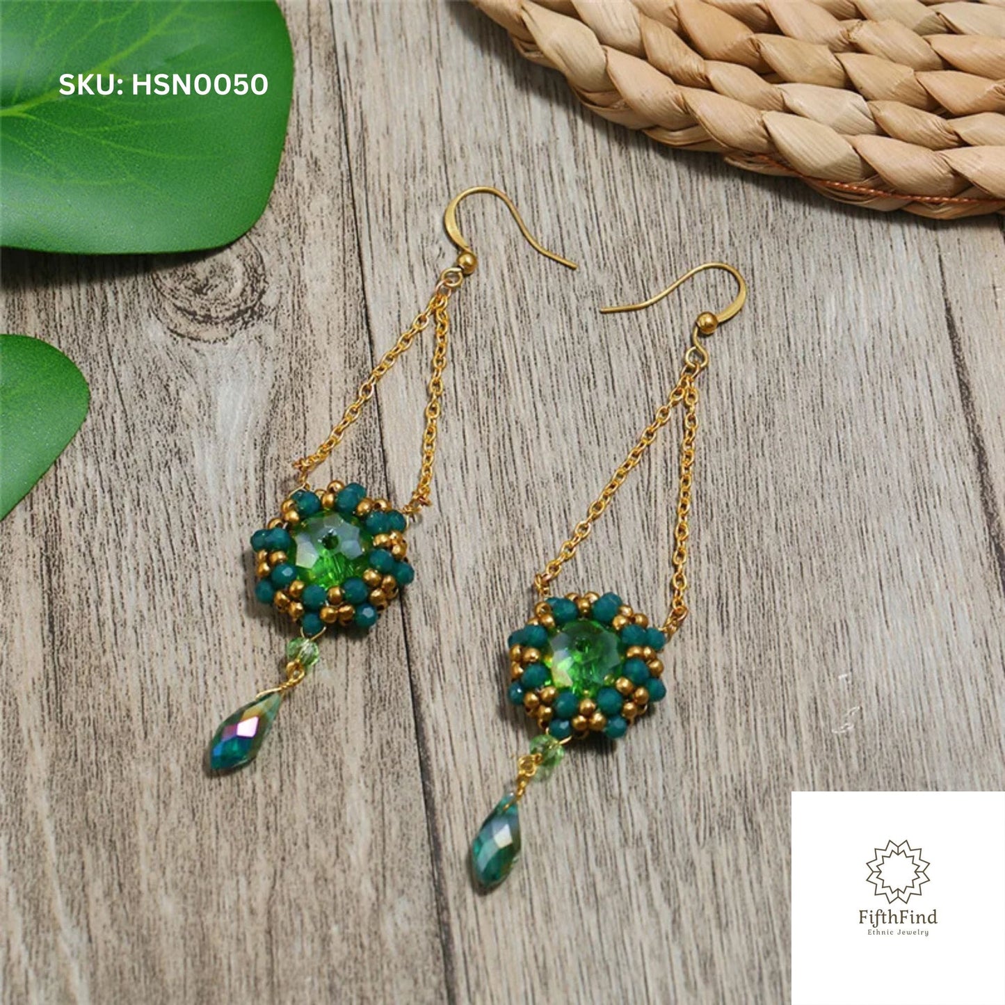 Elegant Green Beaded Drop Earrings with Crystal Charm