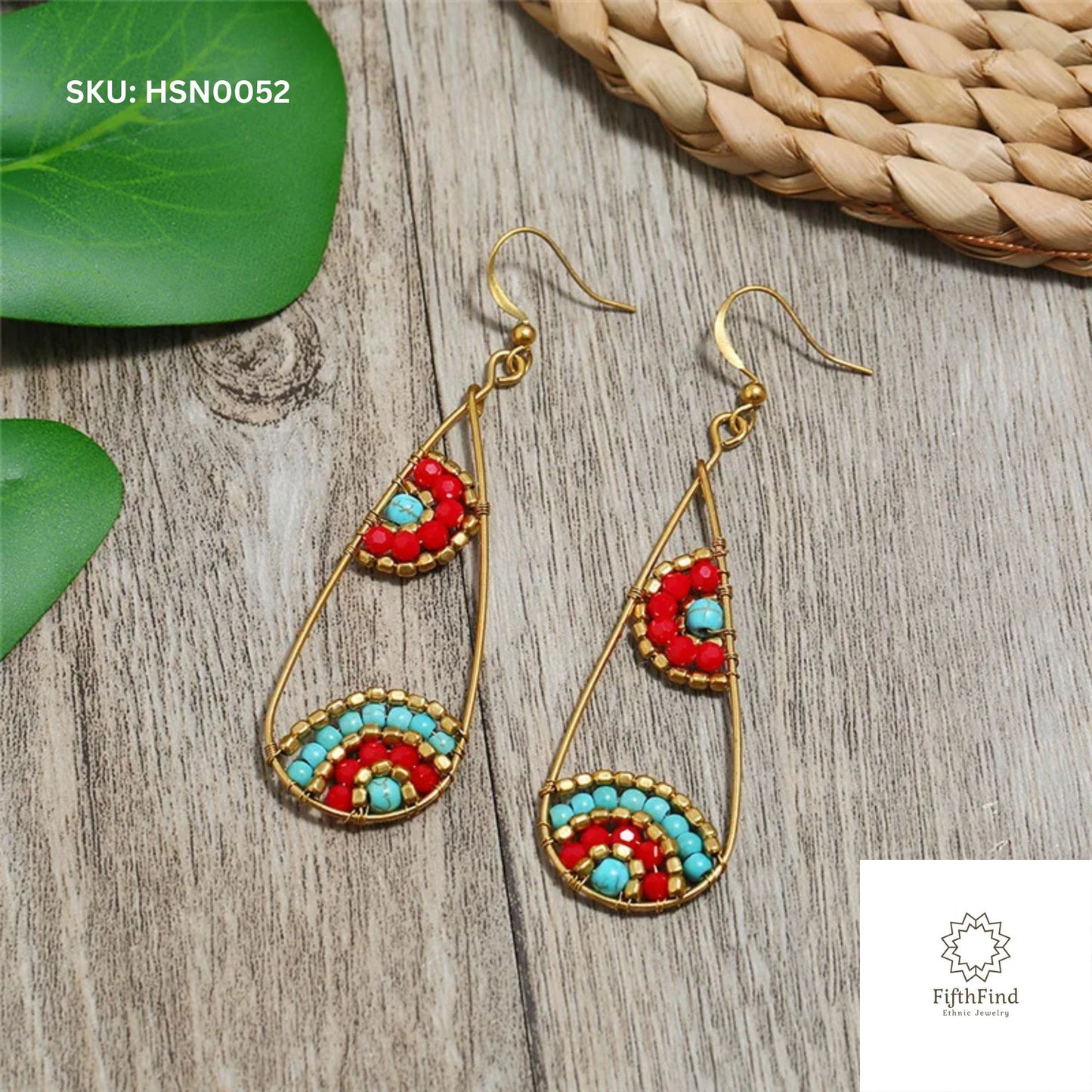 Boho Teardrop Earrings with Turquoise & Red Beads