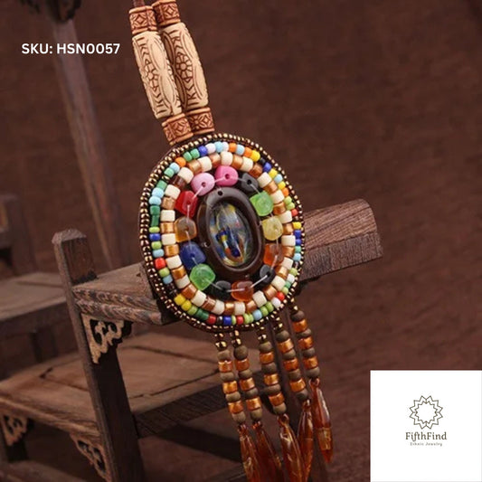 Colorful Tribal Pendant Necklace with Beads and Tassels