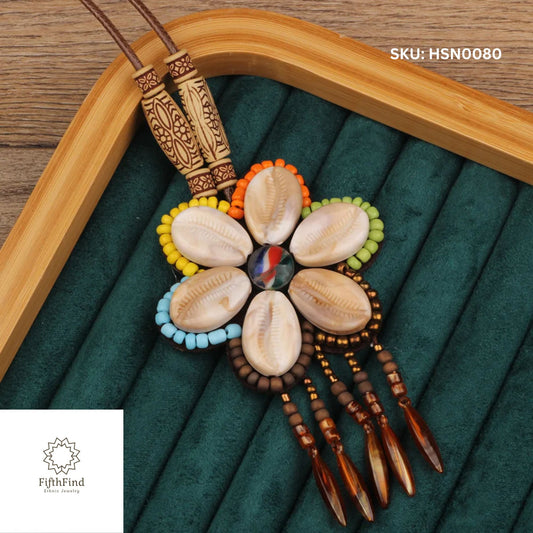 Tribal Cowrie Shell Flower Pendant Necklace with Tassels