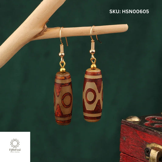 Tribal Dzi Bead Drop Earrings with Geometric Design