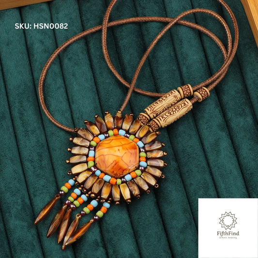 Boho Sunburst Amber Pendant Necklace with Tassel Beads