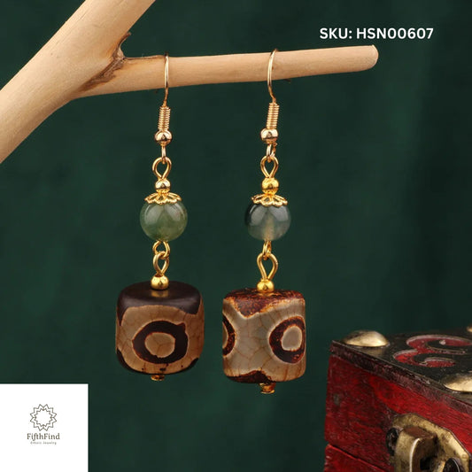 Earthy Dzi Bead Earrings with Jade Accent