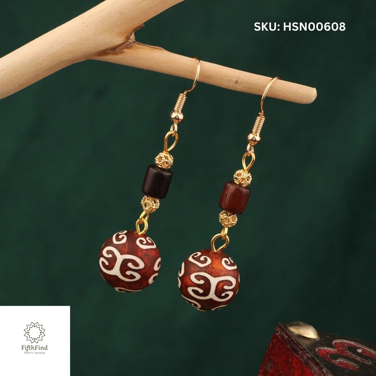 Ethnic Dzi Bead Earrings with Wooden Accent