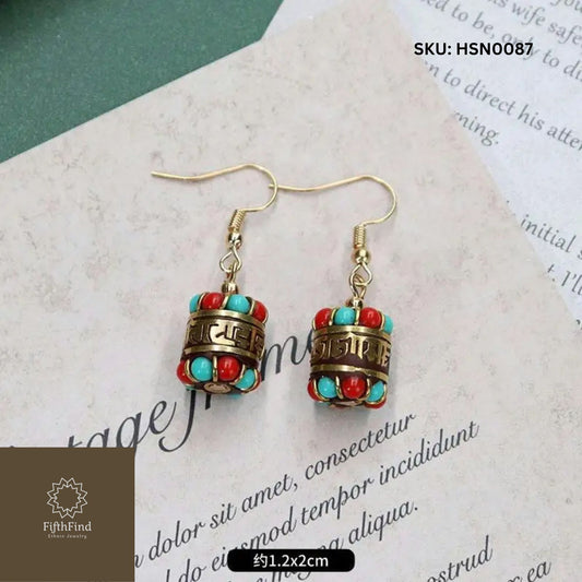 Boho Tibetan Barrel Earrings with Red and Turquoise Beads