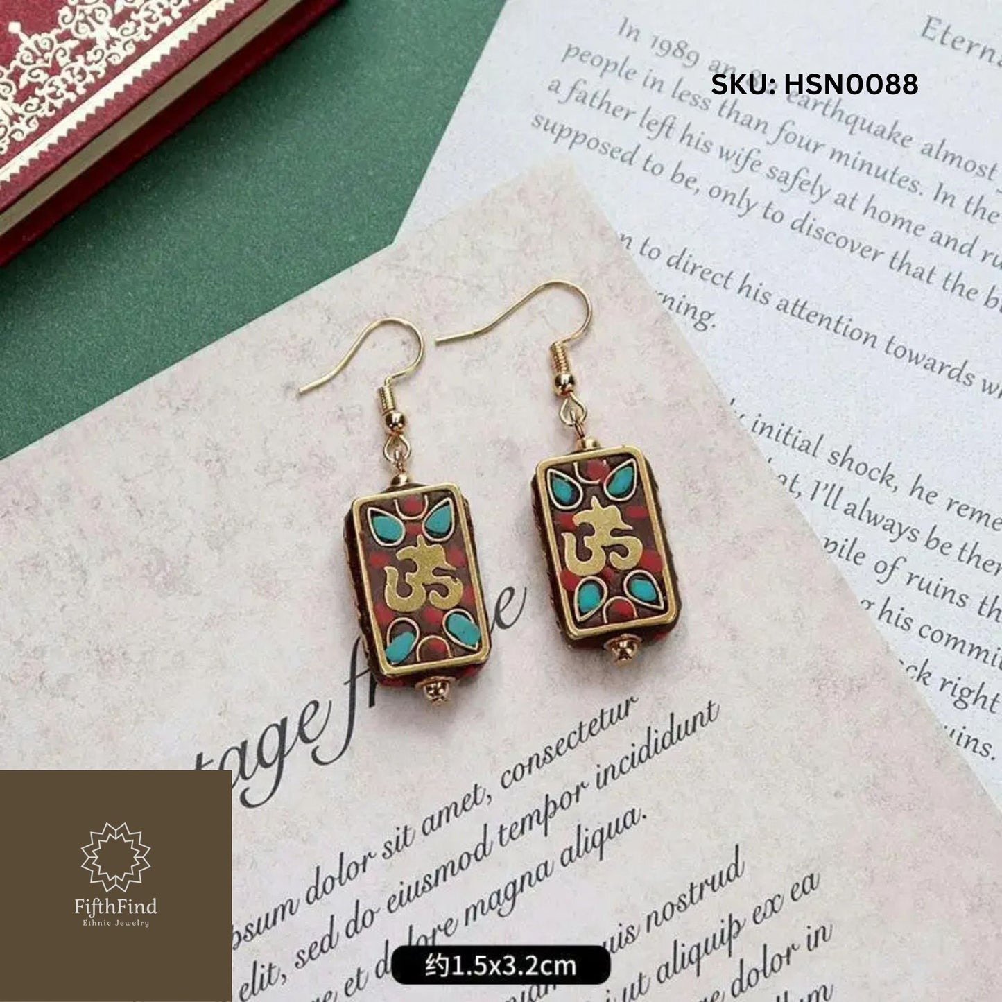 Tibetan Om Earrings with Turquoise and Red Inlays