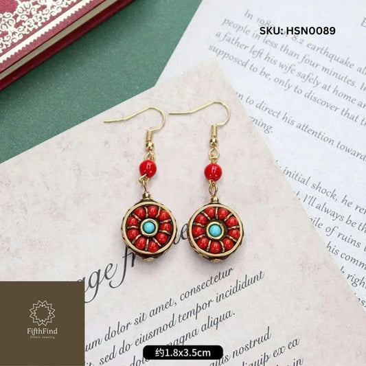 Red & Turquoise Tibetan Dangle Earrings