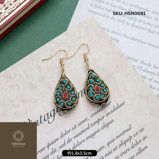 Turquoise & Red Boho Teardrop Earrings with Gold Details