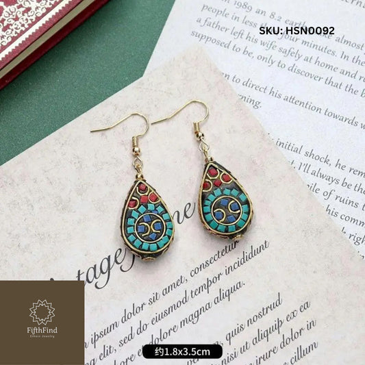 Turquoise & Red Spiral Teardrop Earrings with Gold Frame