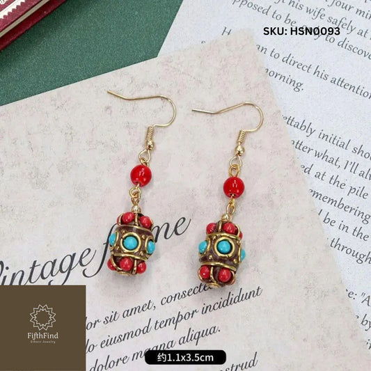 Turquoise & Red Barrel Earrings with Gold Frame