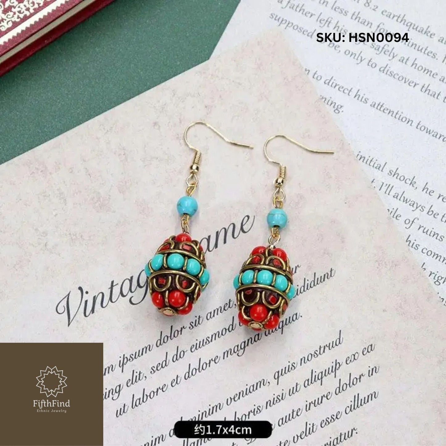 Turquoise & Red Beaded Drop Earrings with Gold Accents