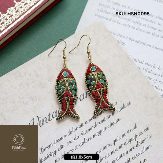 Ethnic Fish-Shaped Mosaic Drop Earrings in Red & Turquoise