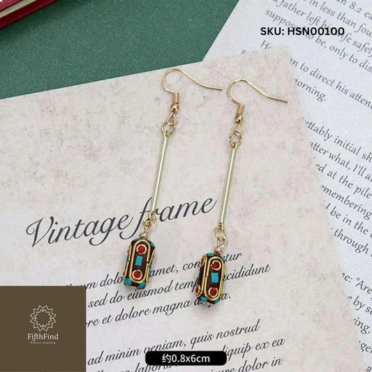 Ethnic Long Bar Earrings with Red and Turquoise Beads