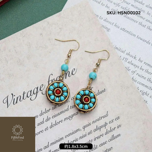 Turquoise Flower Drop Earrings with Red Accent Beads