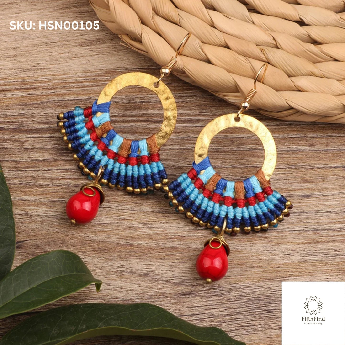 Bold Hoop Earrings with Woven Design & Red Bead