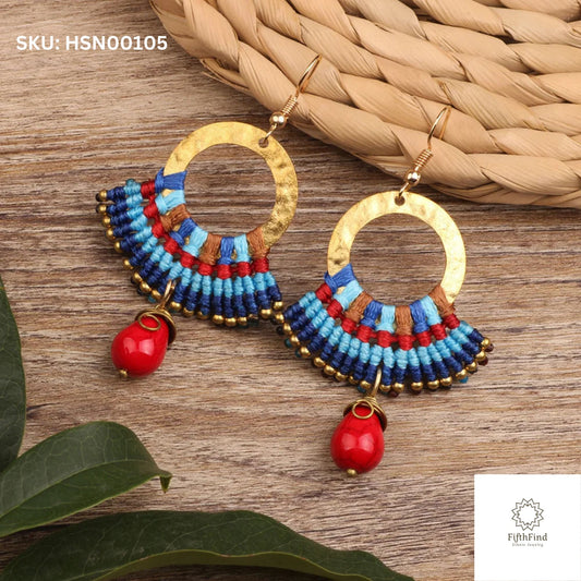 Bold Hoop Earrings with Woven Design & Red Bead