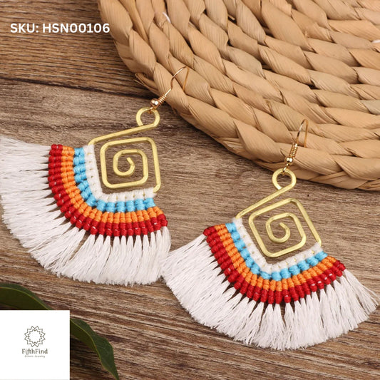 White Fringe Fan Earrings with Vibrant Woven Design