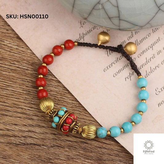 Turquoise & Red Beaded Ethnic Adjustable Bracelet