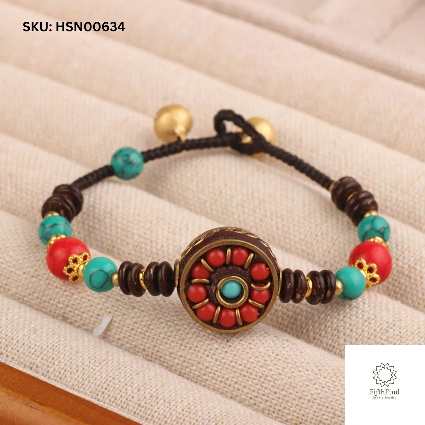 Ethnic Turquoise and Red Beaded Bracelet with Brass Charm