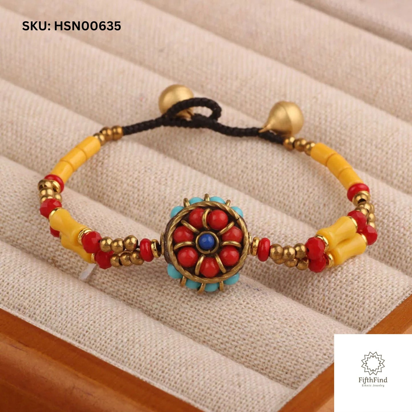 Ethnic Multicolor Beaded Bracelet with Floral Brass Charm