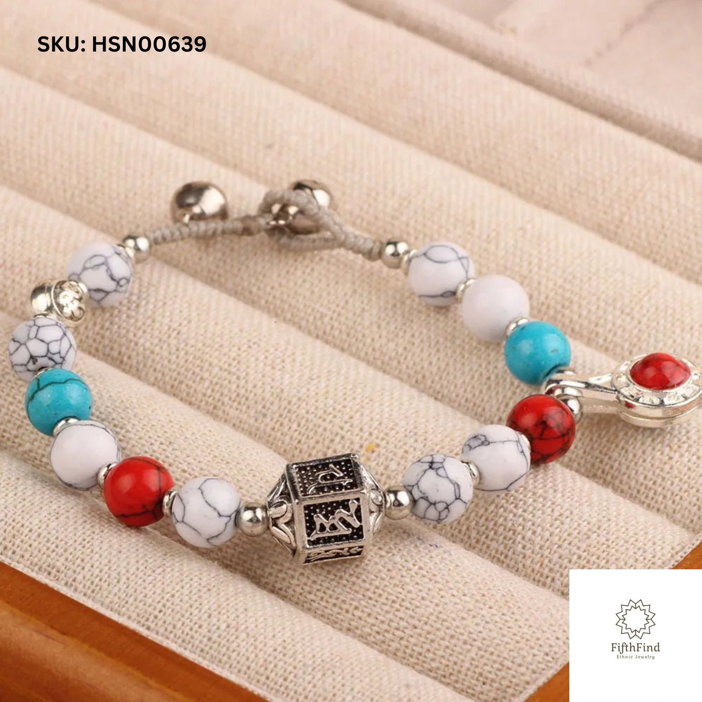 Ethnic Howlite Om Bracelet with Silver and Red Accents