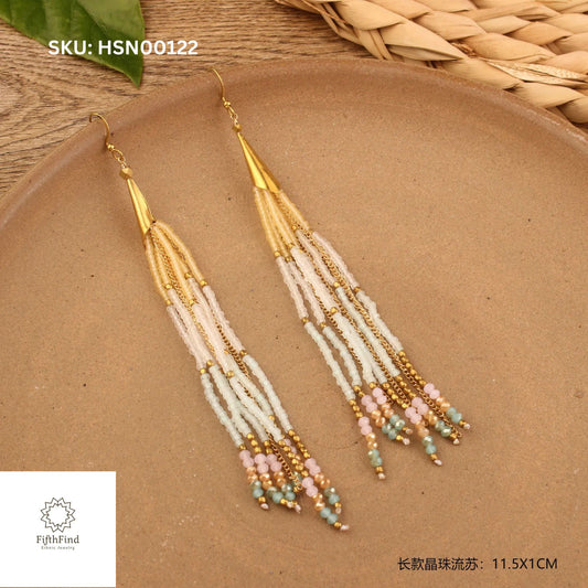 Elegant Long Beaded Tassel Earrings with Gold Accents