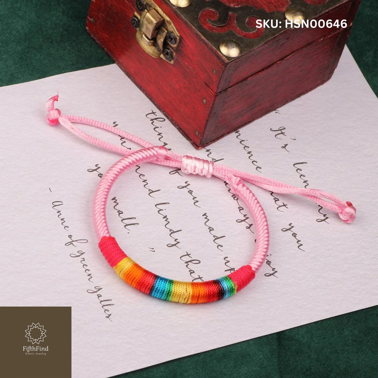 Pink Cord Bracelet with Rainbow Detail Adjustable Design