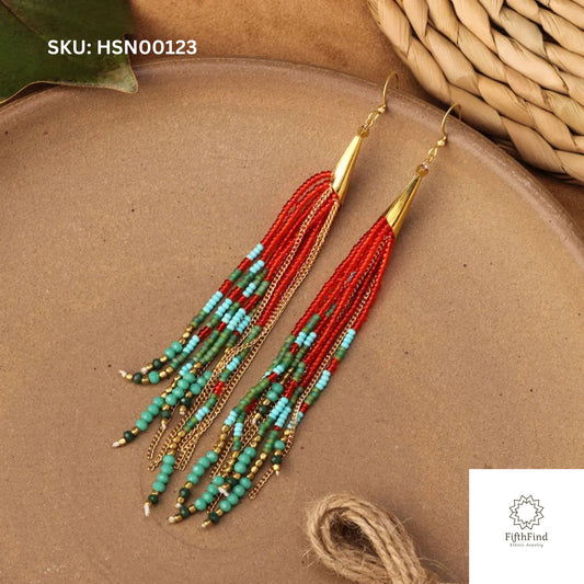 Vibrant Red and Turquoise Long Beaded Tassel Earrings