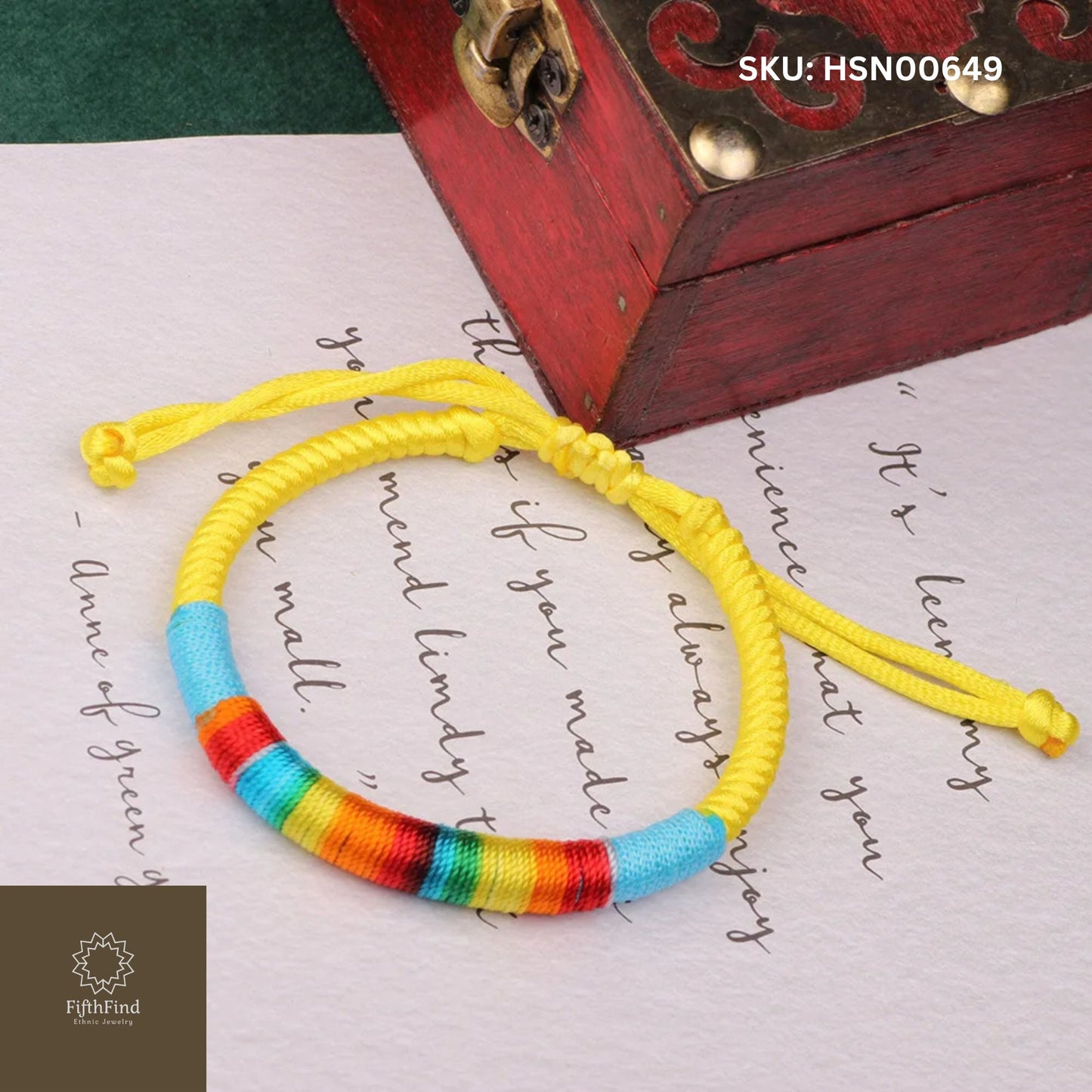 Yellow Bracelet with Rainbow Accent Adjustable Wristband