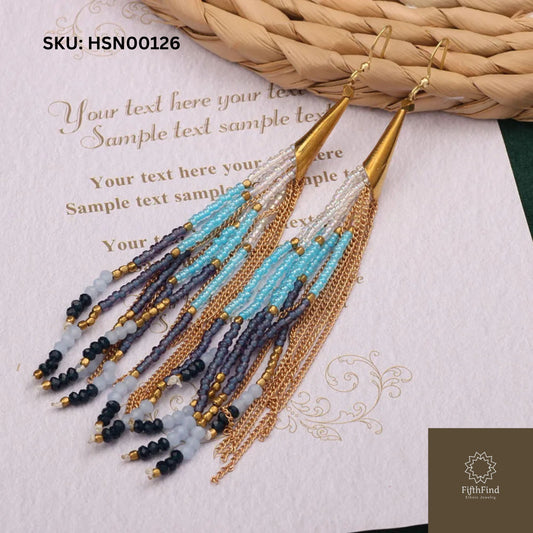 Blue and Gold Long Tassel Earrings with Beads