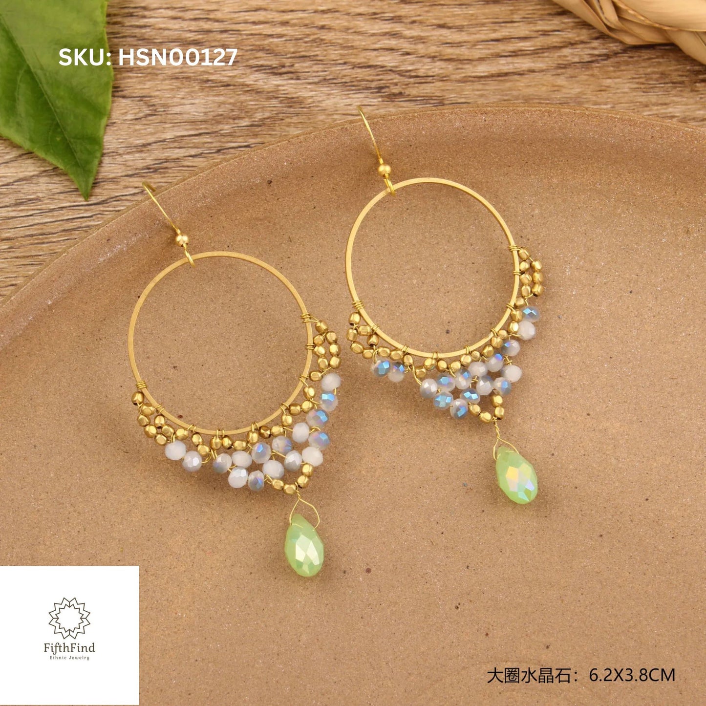 Gold Hoop Earrings with Crystal Beads and Green Drop