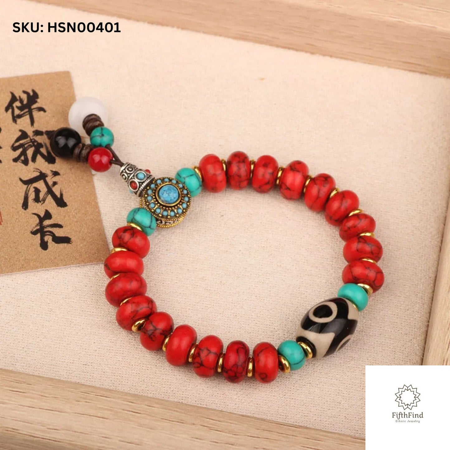 Red Beaded Bracelet with Tibetan Charm