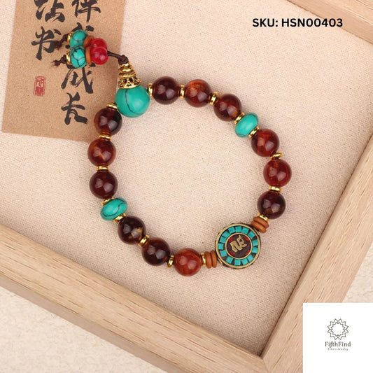 Turquoise and Red Beaded Bracelet with Om Symbol