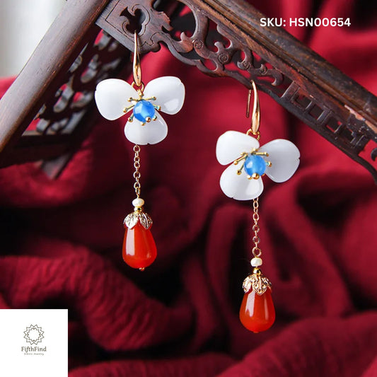 Elegant Floral Drop Earrings with Red and Blue Accents