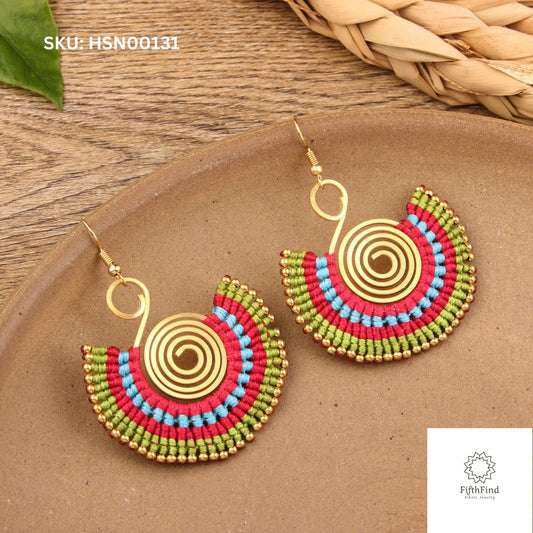 Golden Spiral Boho Fan Earrings with Green and Red Accents