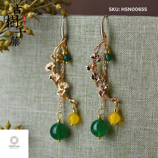 Elegant Gold Vine Drop Earrings with Green and Yellow Beads