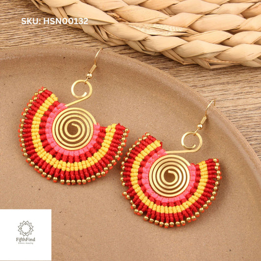 Golden Spiral Earrings with Red and Yellow Boho Fan Design