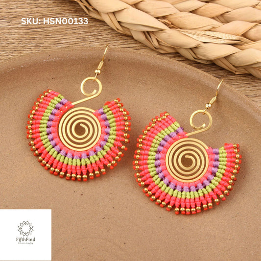 Vibrant Spiral Fan Earrings with Multicolor Boho Design